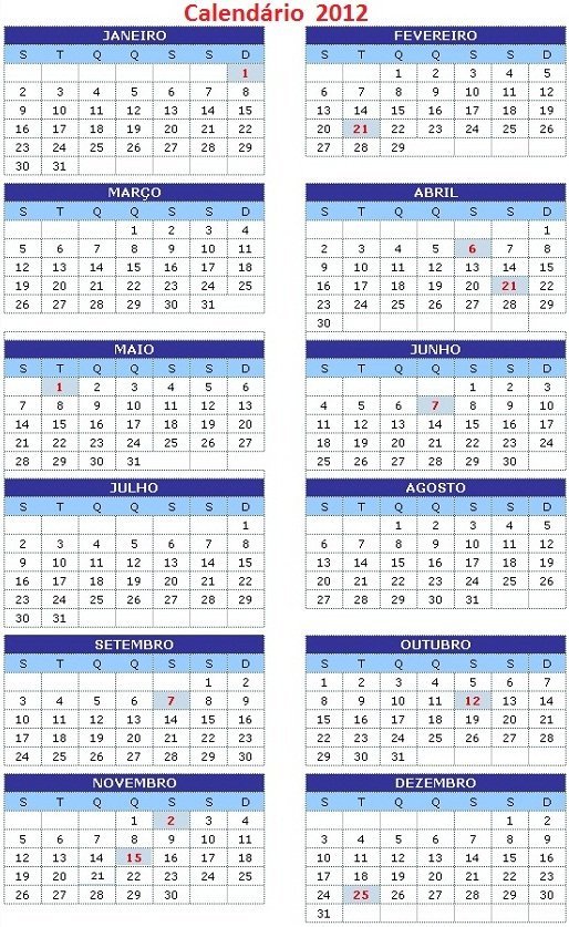 Calendário 2012 com feriados