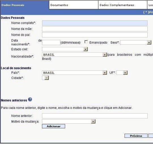 Tirar passaporte: Passo 3 - tela de dados pessoais